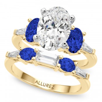 Oval Lab Grown Diamond & Blue Sapphire Bridal Set 14K Yellow Gold (5.17ct)