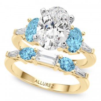 Oval Lab Grown Diamond & Blue Topaz Bridal Set 14K Yellow Gold (4.97ct)