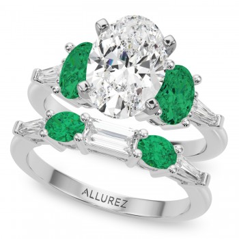 Oval Lab Grown Diamond & Emerald Bridal Set in Palladium (4.65ct)