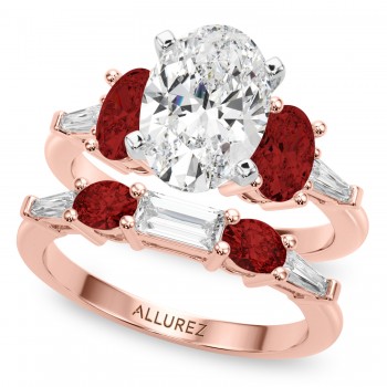 Oval Lab Grown Diamond & Garnet Bridal Set 14K Rose Gold (4.97ct)