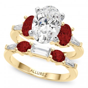 Oval Lab Grown Diamond & Garnet Bridal Set 14K Yellow Gold (4.97ct)