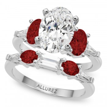 Oval Lab Grown Diamond & Garnet Bridal Set in Platinum (4.97ct)