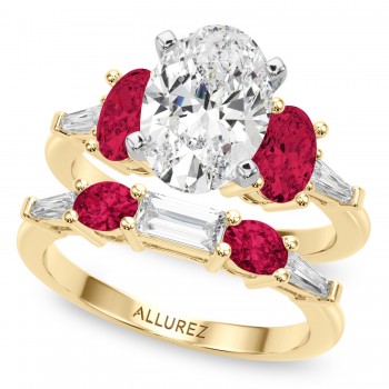 Oval Lab Grown Diamond & Ruby Bridal Set 14K Yellow Gold (5.09ct)