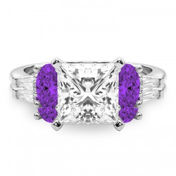 Princess Cut Lab Grown Diamond & Oval Amethyst Bridal Set 14K White Gold (4.65ct)