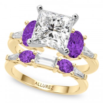 Princess Cut Lab Grown Diamond & Oval Amethyst Bridal Set 14K Yellow Gold (4.65ct)