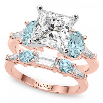 Princess Cut Lab Grown Diamond & Oval Aquamarine Bridal Set 14K Rose Gold (4.65ct)