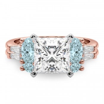 Princess Cut Lab Grown Diamond & Oval Aquamarine Bridal Set 14K Rose Gold (4.65ct)