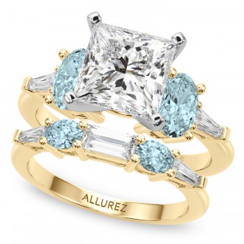 Princess Cut Lab Grown Diamond & Oval Aquamarine Bridal Set 14K Yellow Gold (4.65ct)