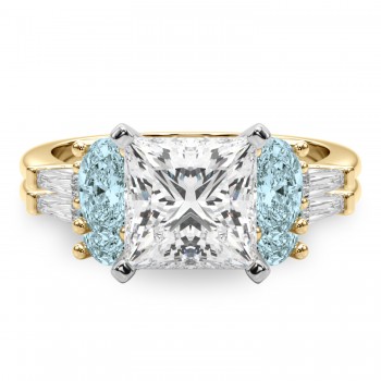 Princess Cut Lab Grown Diamond & Oval Aquamarine Bridal Set 14K Yellow Gold (4.65ct)