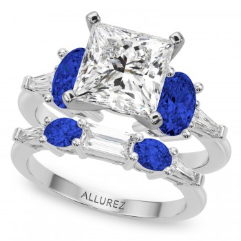 Princess Cut Lab Grown Diamond & Oval Blue Sapphire Bridal Set 14K White Gold (5.17ct)