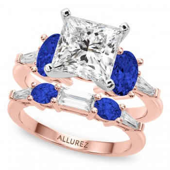 Princess Cut Lab Grown Diamond & Oval Blue Sapphire Bridal Set 18K Rose Gold (5.17ct)