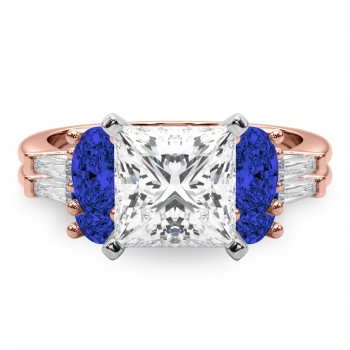 Princess Cut Lab Grown Diamond & Oval Blue Sapphire Bridal Set 18K Rose Gold (5.17ct)
