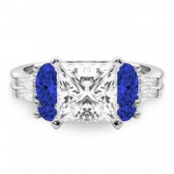 Princess Cut Lab Grown Diamond & Oval Blue Sapphire Bridal Set 18K White Gold (5.17ct)