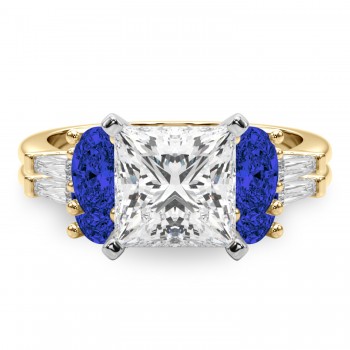 Princess Cut Lab Grown Diamond & Oval Blue Sapphire Bridal Set 18K Yellow Gold (5.17ct)