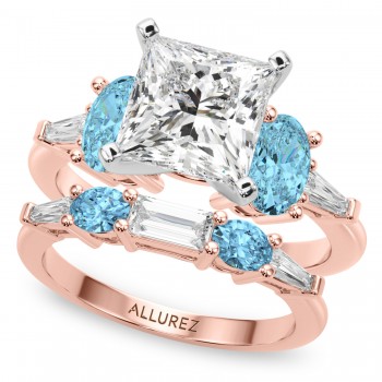 Princess Cut Lab Grown Diamond & Oval Blue Topaz Bridal Set 14K Rose Gold (4.97ct)