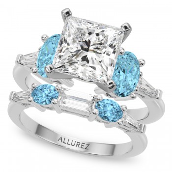 Princess Cut Lab Grown Diamond & Oval Blue Topaz Bridal Set 18K White Gold (4.97ct)
