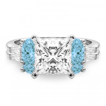 Princess Cut Lab Grown Diamond & Oval Blue Topaz Bridal Set 18K White Gold (4.97ct)