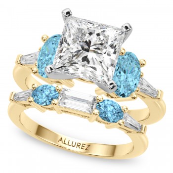 Princess Cut Lab Grown Diamond & Oval Blue Topaz Bridal Set 18K Yellow Gold (4.97ct)