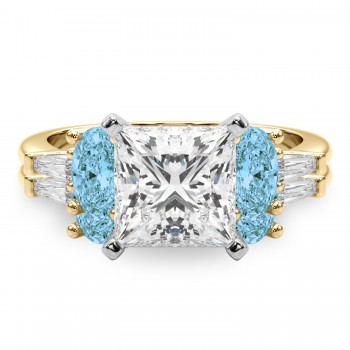 Princess Cut Lab Grown Diamond & Oval Blue Topaz Bridal Set 18K Yellow Gold (4.97ct)