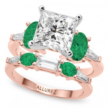 Princess Cut Lab Grown Diamond & Oval Emerald Bridal Set 14K Rose Gold (4.65ct)