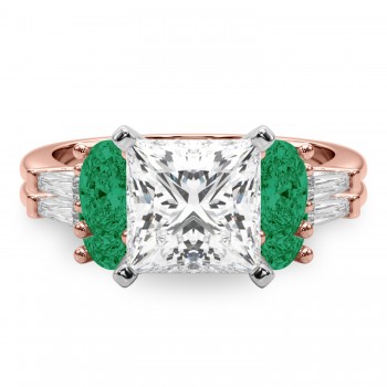 Princess Cut Lab Grown Diamond & Oval Emerald Bridal Set 14K Rose Gold (4.65ct)