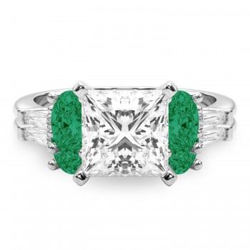 Princess Cut Lab Grown Diamond & Oval Emerald Bridal Set 14K White Gold (4.65ct)