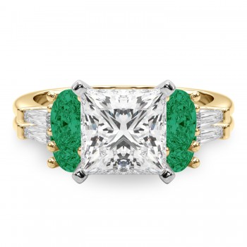 Princess Cut Lab Grown Diamond & Oval Emerald Bridal Set 14K Yellow Gold (4.65ct)