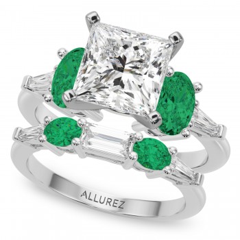 Princess Cut Lab Grown Diamond & Oval Emerald Bridal Set 18K White Gold (4.65ct)