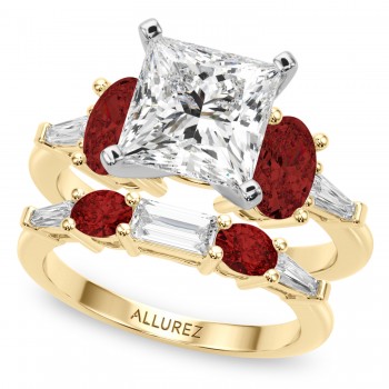 Princess Cut Lab Grown Diamond & Oval Garnet Bridal Set 14K Yellow Gold (4.97ct)