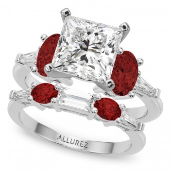 Princess Cut Lab Grown Diamond & Oval Garnet Bridal Set 18K White Gold (4.97ct)