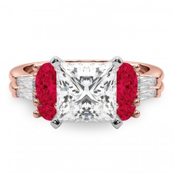 Princess Cut Lab Grown Diamond & Oval Ruby Bridal Set 14K Rose Gold (5.09ct)