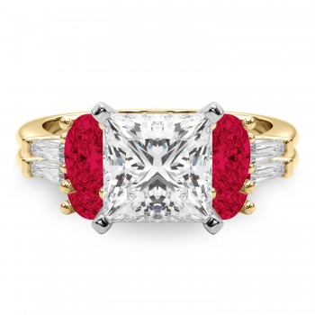 Princess Cut Lab Grown Diamond & Oval Ruby Bridal Set 14K Yellow Gold (5.09ct)
