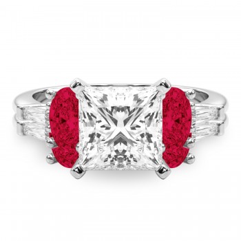 Princess Cut Lab Grown Diamond & Oval Ruby Bridal Set 18K White Gold (5.09ct)