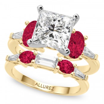 Princess Cut Lab Grown Diamond & Oval Ruby Bridal Set 18K Yellow Gold (5.09ct)