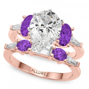 Pear Lab Grown Diamond & Oval Amethyst Bridal Set 14K Rose Gold (4.65ct)