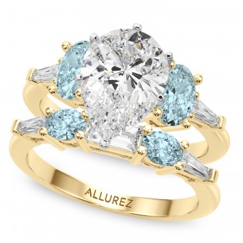 Pear Lab Grown Diamond & Oval Aquamarine Bridal Set 14K Yellow Gold (4.65ct)