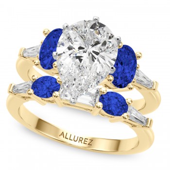 Pear Lab Grown Diamond & Oval Blue Sapphire Bridal Set 14K Yellow Gold (5.17ct)