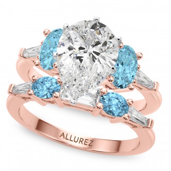 Pear Lab Grown Diamond & Oval Blue Topaz Bridal Set 14K Rose Gold (4.97ct)