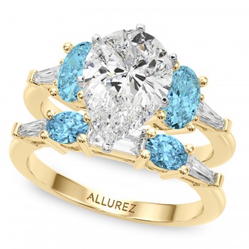 Pear Lab Grown Diamond & Oval Blue Topaz Bridal Set 14K Yellow Gold (4.97ct)