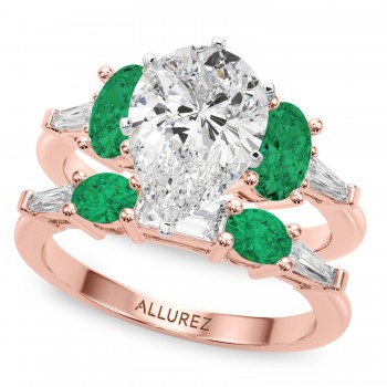 Pear Lab Grown Diamond & Oval Emerald Bridal Set 14K Rose Gold (4.65ct)