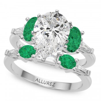 Pear Lab Grown Diamond & Oval Emerald Bridal Set 14K White Gold (4.65ct)