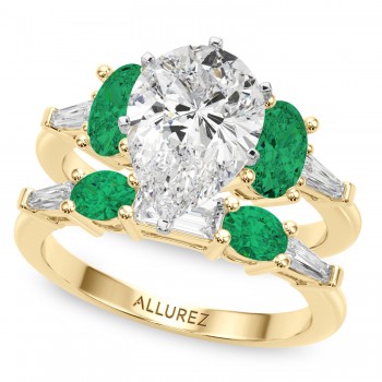 Pear Lab Grown Diamond & Oval Emerald Bridal Set 14K Yellow Gold (4.65ct)