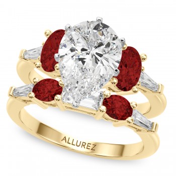 Pear Lab Grown Diamond & Oval Garnet Bridal Set 14K Yellow Gold (4.97ct)