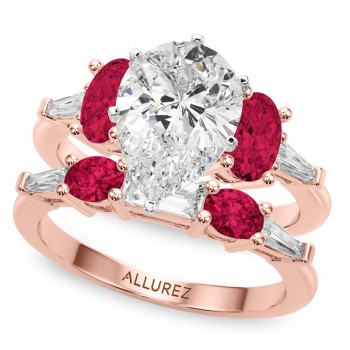 Pear Lab Grown Diamond & Oval Ruby Bridal Set 14K Rose Gold (5.09ct)