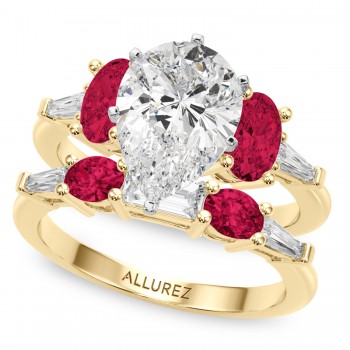 Pear Lab Grown Diamond & Oval Ruby Bridal Set 14K Yellow Gold (5.09ct)