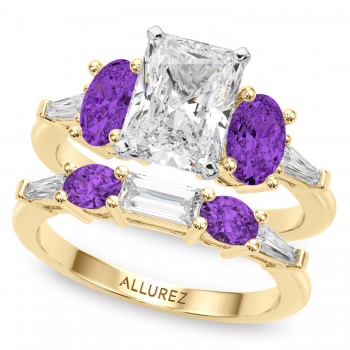 Radiant Lab Grown Diamond & Oval Amethyst Bridal Set 14K Yellow Gold (4.65ct)