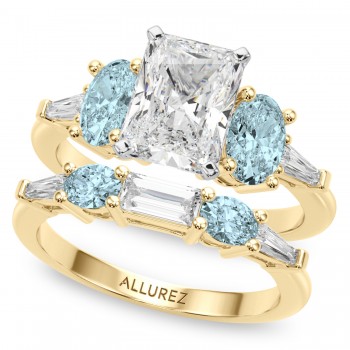 Radiant Lab Grown Diamond & Oval Aquamarine Bridal Set 14K Yellow Gold (4.65ct)