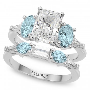 Radiant Lab Grown Diamond & Oval Aquamarine Bridal Set in Platinum (4.65ct)