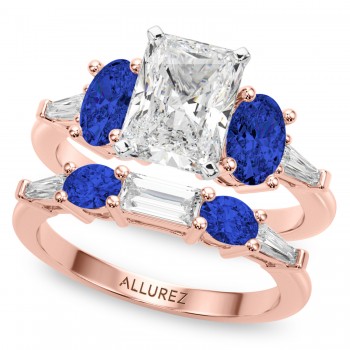Radiant Lab Grown Diamond & Oval Blue Sapphire Bridal Set 14K Rose Gold (5.17ct)