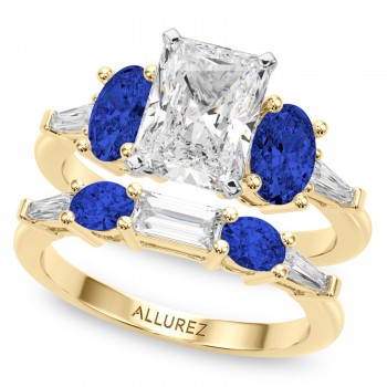 Radiant Lab Grown Diamond & Oval Blue Sapphire Bridal Set 14K Yellow Gold (5.17ct)